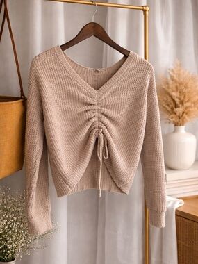 T.J.Maxx Beige V-Neck Ruched Front Knit Sweater